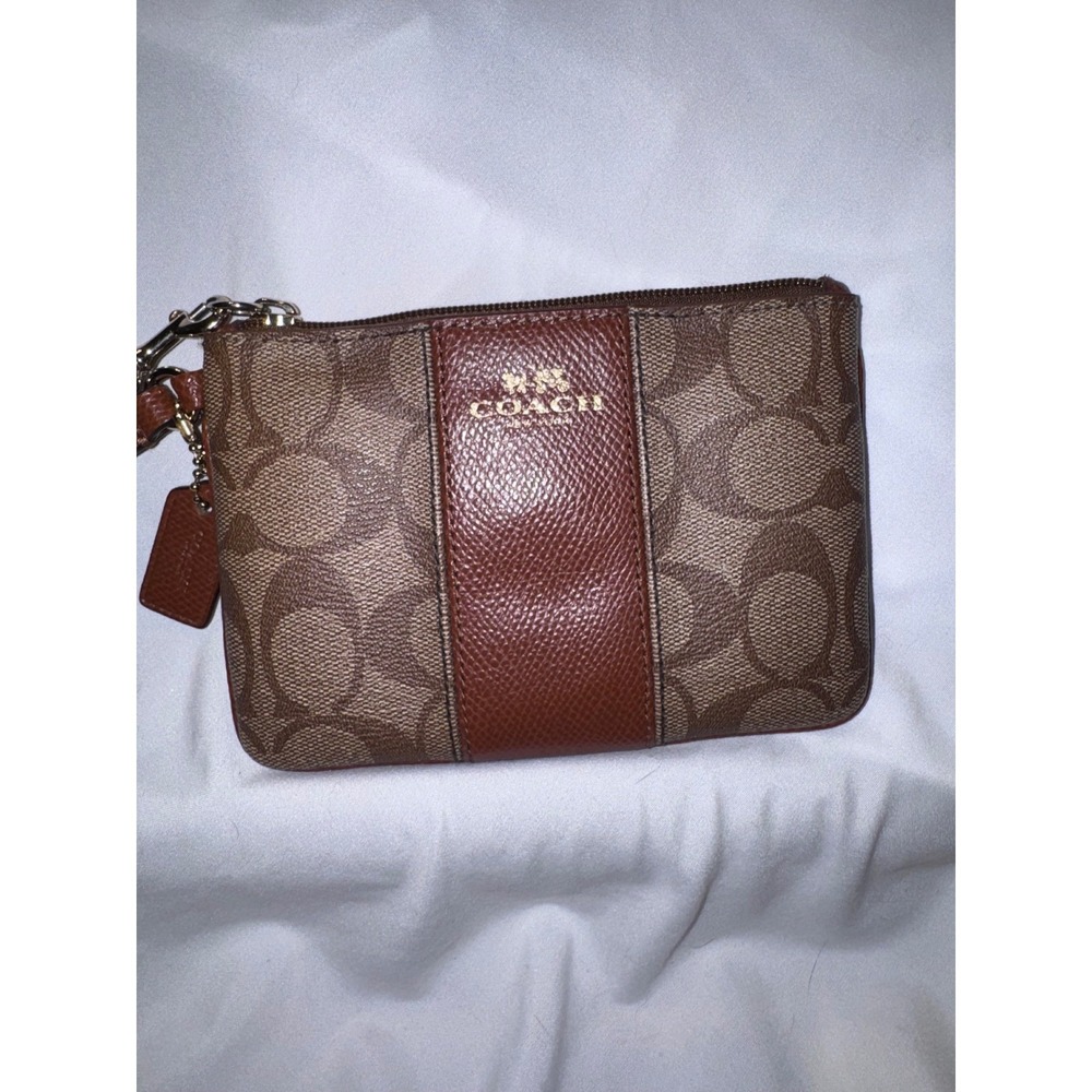 Coach Corner Zip Wristlet Signature Canvas Saddle Brown Leather F58035 Gold HW